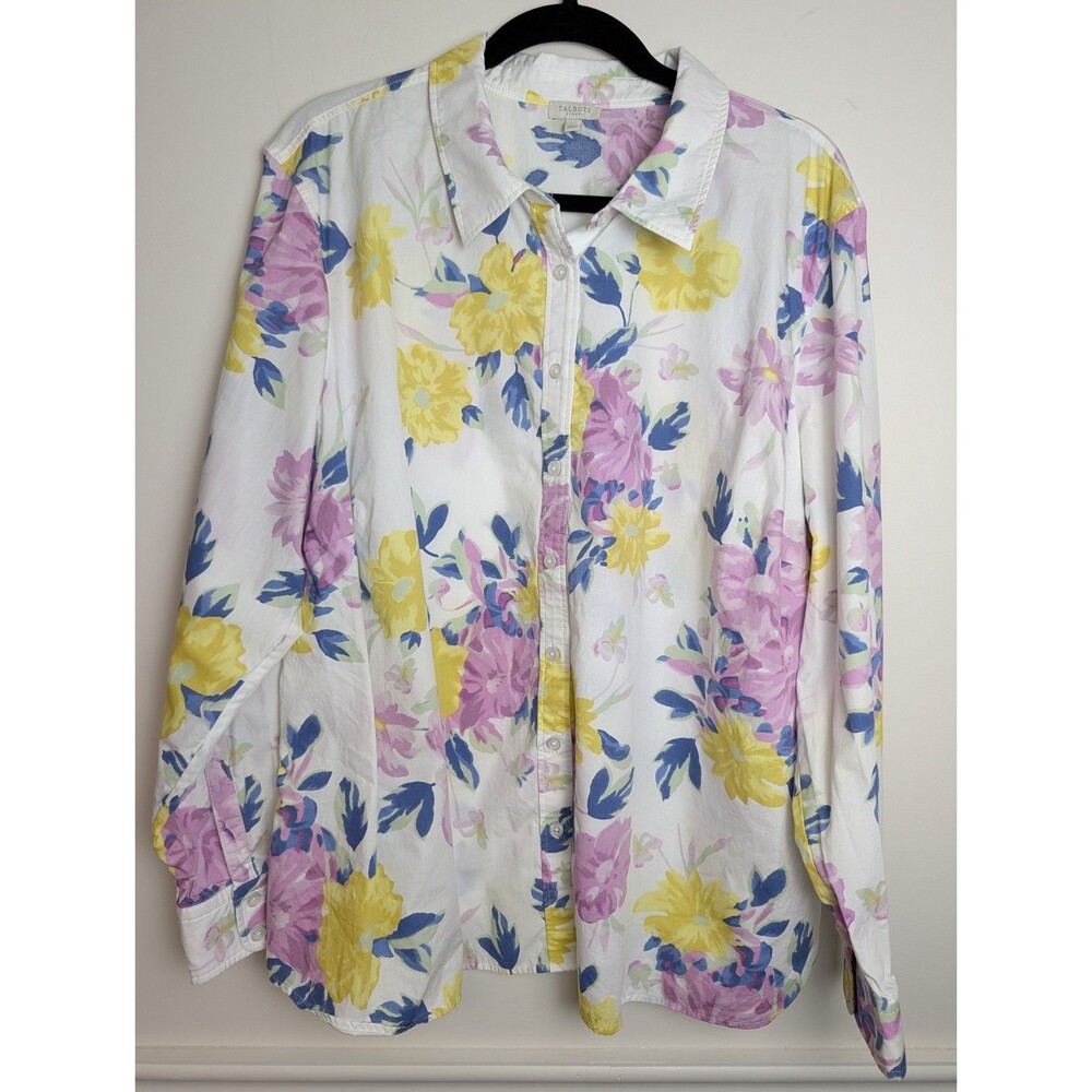 Talbots Cotton Shirt Collared Floral Bouqet Women’s Button-Up Top 3X White